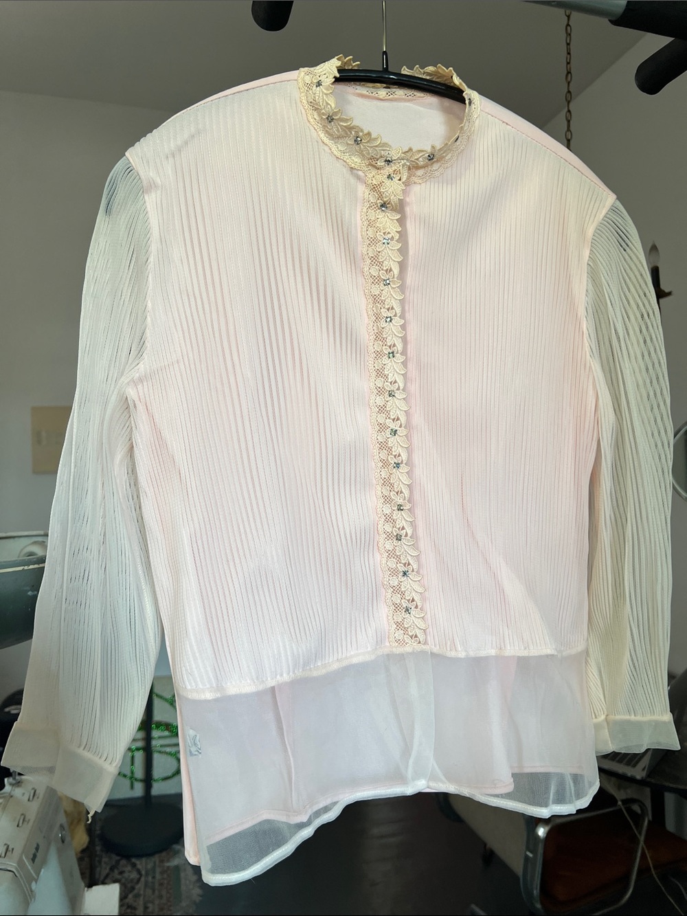 Vintage Pink Lace and Rhinestone Trim Blouse  with Sheer Sleeves